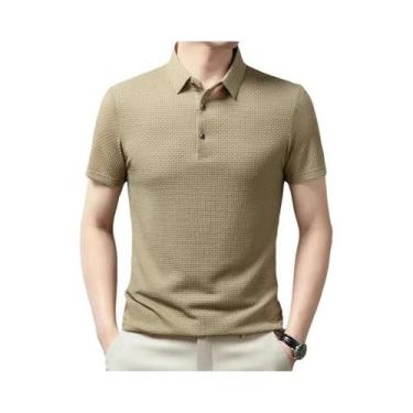 Imagem de Camisa Polo Masculina Xadrez Lisa Respirável Confortável Elástica Mang