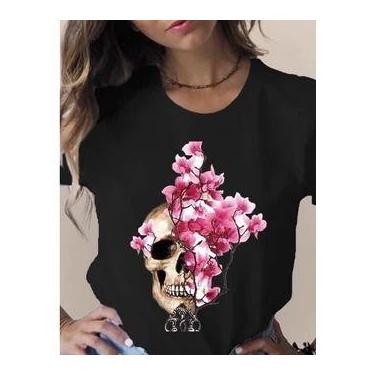 Imagem de Camiseta Feminina Diversas Estampas Caveira Flores Borboletas - Dinka,