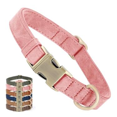 Imagem de Coleira de couro genuíno para cães – Coleira ajustável para animais de estimação com fivela de metal de liberação rápida, coleira de couro verdadeiro para cães pequenos, médios e grandes (rosa, M