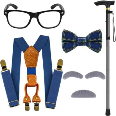 Imagem de Yanbuny Conjunto de fantasia de velho acessórios de vestido de vovô com suspensórios de óculos de velho gravata borboleta bigode sobrancelhas bengala (estilo 2)