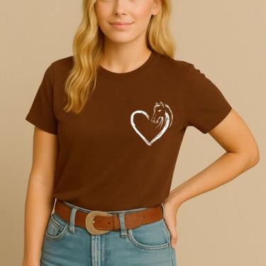 Imagem de Camiseta Agodão Feminina Estamp Coração Crista Cavalo Modinha Jovem Fe