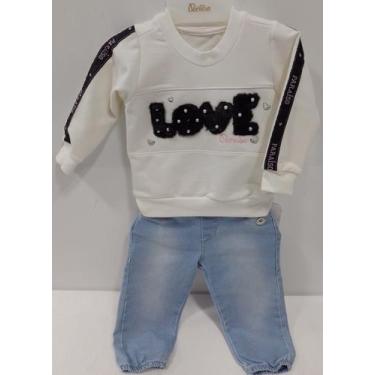 Imagem de Conjunto Luxo Blusa + Calça Jeans Bebê Menina Paraiso 13067, Off white