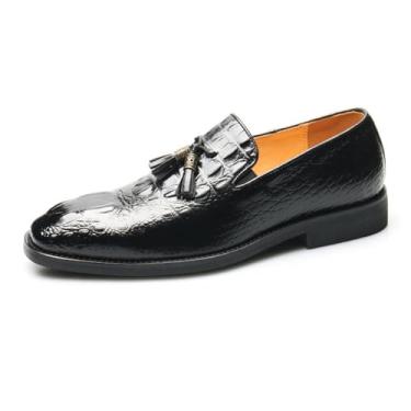 Imagem de Sapato masculino de couro PU casual mocassim masculino com borla sem cadarço elegante e confortável formal, Preto, 40