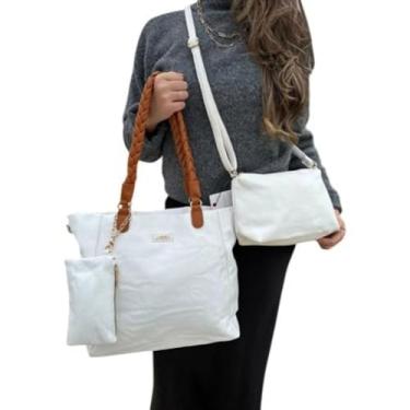 Imagem de Kit 3 Bolsas Femininas White Mood Couro Sintético Branco Alça Caramelo Estilo Toque Elegante Look Moderno Versátil