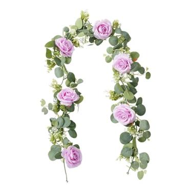 Imagem de KiBcsLic Guirlanda de flores artificiais de eucalipto, decoração versátil para casamentos, trepadeira de rosas artificiais para decoração de mesas e ambientes, Roxo