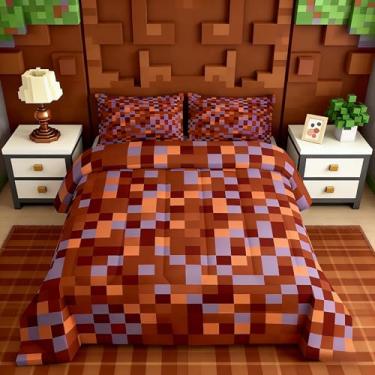 Imagem de Manfei Jogo de cama casal, estilo mineiro, xadrez, sombra de pixel, marrom, 3 peças, jogos geométricos modernos para todas as estações, decoração de quarto de crianças, meninos e meninas, 2 fronhas