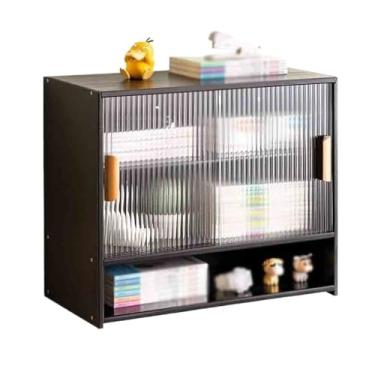 Imagem de Estante de armazenamento de livros, estante de mesa de vários níveis, com porta deslizante de plástico e divisórias ajustáveis, para escritório em casa, quarto, prateleira organizadora (preto)