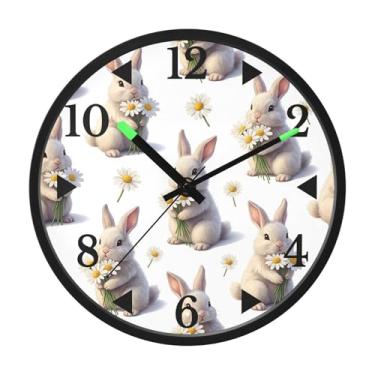 Imagem de STAYTOP Lindo relógio de parede de LED de coelho e margaridas para quarto com brilho noturno, relógios de parede silenciosos de 30,5 cm para decoração de sala de estar, controle de som, relógio de
