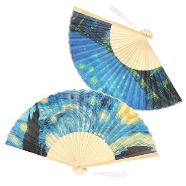 Imagem de Naroote Leques Dobráveis ​​de Mão de Bambu, Leves para Decoração de Festa de Dança, 2 Peças, Noite Estrelada para Presentes, Sala de Estar, Escritório