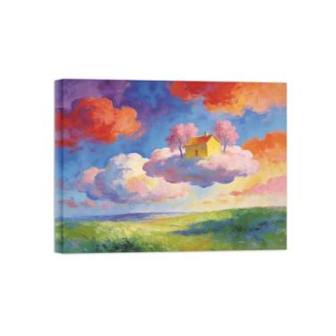 Imagem de BMZFYBS Impressão em tela de arte de parede surrealismo - casa nas nuvens - pintura de decoração de paisagem - imagens para sala de estar pronta para pendurar tela embrulhada 50 x 65 cm 20 x 26 pol