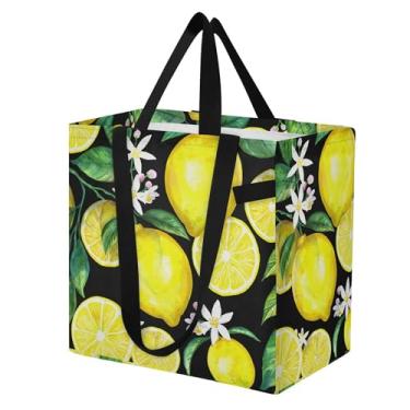 Imagem de SEHANY Sacolas de compras reutilizáveis de verão limão com alças reforçadas, bolsa de compras de lona dobrável à prova d'água de grande capacidade para viagem, cozinha, praia