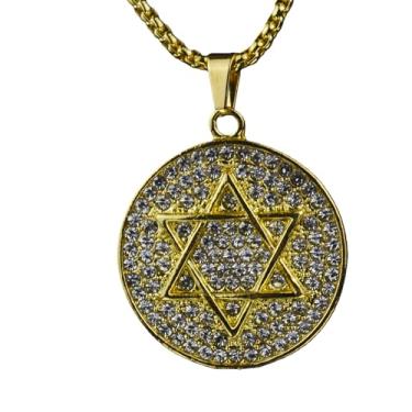 Imagem de JOODFLY Colar com pingente de estrela de Davi, corrente de aço inoxidável com cristal de zircão, 61 cm, medalhão hexagrama de 3 cm, opções de prata e ouro, joias religiosas judaicas, Standard size