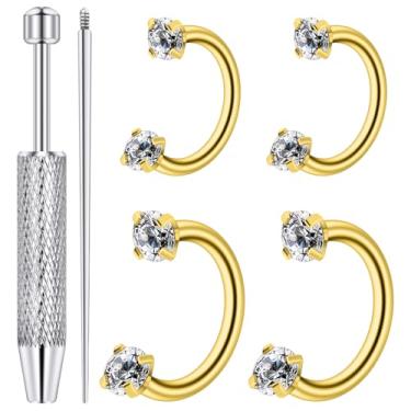 Imagem de Dyknasz Anel de nariz em ferradura 18G com rosca interna argolas de aço cirúrgico meia zircônia cúbica dupla narina lábio sobrancelha hélice daith orelha piercing joia para mulheres, Metal, Zircônia