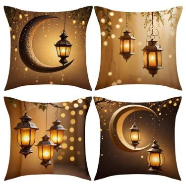 Imagem de 4 peças de capas de almofada douradas Ramadã Eid Light Moon Light Moon Square Islamic Lunar e Lantern Design Fronhas de linho com zíper para sofá, carro, sala de estar, decoração de casa, fronha 01