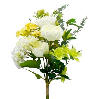 Imagem de Falorbale Buquê de flores artificiais – mistura de peônia e eucalipto de seda falsa, arranjos de flores artificiais para casa, decoração de escritório e mesa de jantar (branco, amarelo e verde)