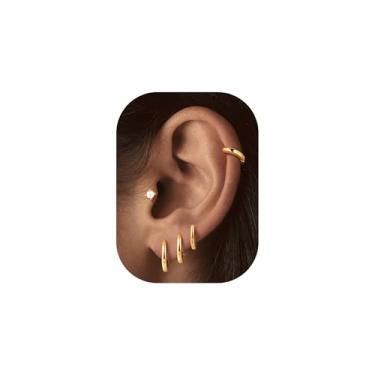 Imagem de Turandoss Brincos de argola de ouro para mulheres, hipoalergênicos de ouro 14 K, brincos de cartilagem para piercing múltiplo para mulheres, Latão, Zircônia cúbica