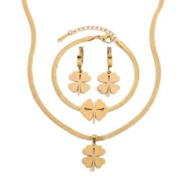 Imagem de Colar de trevo de quatro folhas, pulseira de trevo, conjunto de joias de ouro 18K para mulheres
