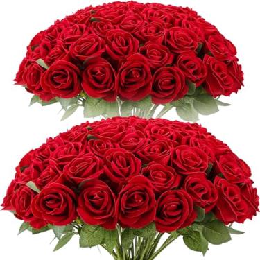 Imagem de Cliselda 72 peças de flores artificiais de rosas vermelhas a granel, rosas artificiais de veludo realista para centros de mesa de casamento, buquês de noiva, decoração de casa, aniversário, dia dos