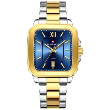 Imagem de Relógio De Quartzo Masculino Casual Mostrador Quadrado Em Aço Inoxidável Impermavel Azul Dourado