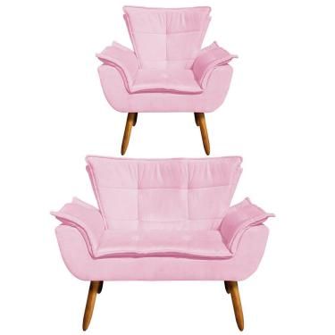 Imagem de Kit 1 Namoradeira e 1 Poltrona Opala Suede Rosa Bebê Drossi