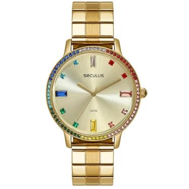 Imagem de Seculus Relógio Feminino Analógico Dourado com Cristais Coloridos, Pulseira em Aço Inoxidável, 5ATM