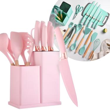 Imagem de Kit 19 Utensílios De Cozinha Silicone Cabo De Madeira Faca Tábua Cor:Rosa