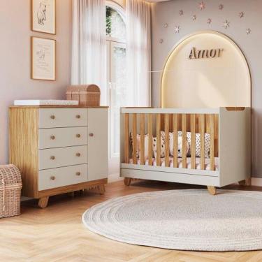 Imagem de Quarto de Bebê com Cômoda 4 Gavetas e Berço 4em1 Minicama Zuri em MDF 