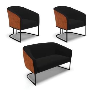 Imagem de Namoradeira e 2 Poltronas Industrial Preto Stella Noz/Linho Preto D03 