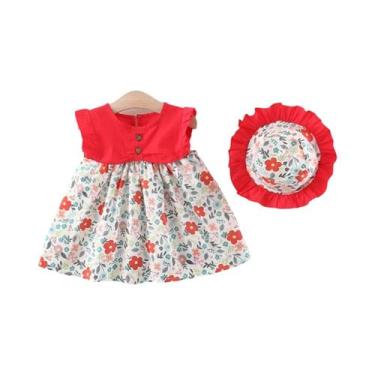 Imagem de Vestido Floral De Algodão Para Bebê Menina Sem Mangas Com Chapéu De So