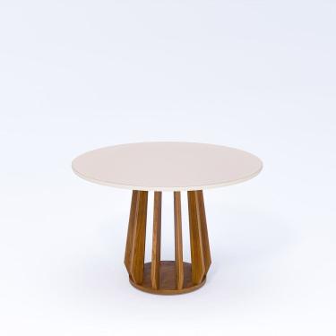 Imagem de Mesa de Jantar Redonda Pitanga 120cm em Mdf com Vidro Temperado e Base em Madeira Madeira/Off White