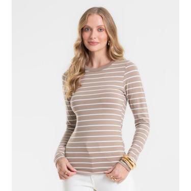 Imagem de Blusa Manga Longa Feminina Listrada Básica Rovitex Marrom, P, Marrom