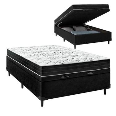 Imagem de Cama Box Baú Casal Sintético Preto Colchão De Espuma Semi Ortopédica E