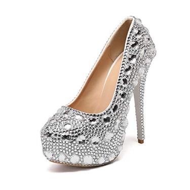 Imagem de Yihongmeiqi Sapato feminino plataforma salto alto bloco grosso tira no tornozelo fivelas salto plataforma sapatos modernos para mulheres azul roxo preto vestido de festa salto plataforma, Prata, 37