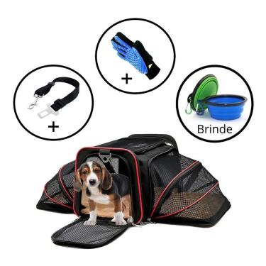 Imagem de Kit Pet Bolsa Expansível Transporte Viagem Vermelha Luva Cinto E Comedouro Retrátil