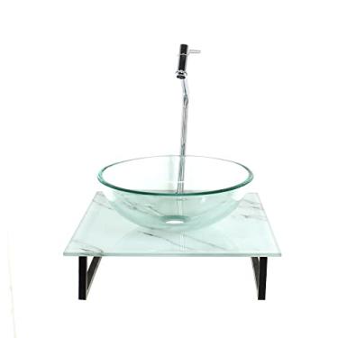 Imagem de KIT CUBA DE VIDRO REDONDA 10MM INCOLOR COM TAMPO DE VIDRO 40CM X 40CM MÁRMORE BRANCO E SUPORTE TORNEIRA VALVULA