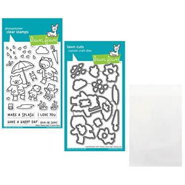 Imagem de Lawn Fawn Conjunto de carimbos transparentes Beary Rainy Day 10 x 15 cm e moldes coordenados (LF2774, LF2775) mais 1 bolso de armazenamento para carimbo/matrizes, pacote com 3 itens