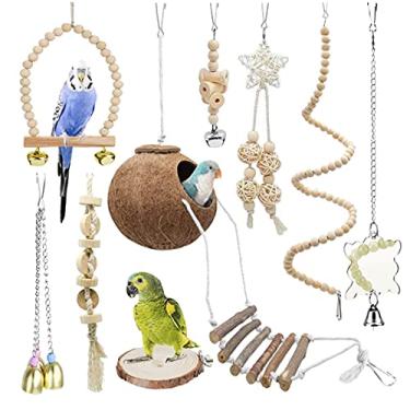 Imagem de TOLMIOW 9 peças de papagaios mastigando madeira natural e corda de brinquedo para anchovas, refúgio de coco com escada, suporte de poleiro de pássaros, acessórios de gaiola de pássaros, periquitos, calopria, conure, Mynah, Macow