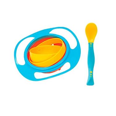 Imagem de Prato Introdução Alimentar Para Lanche Magico Infantil Tigela Giro Bowl Giratório Bebê e Colher Flexível (Azul)