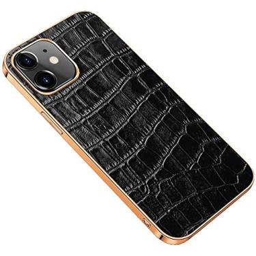Imagem de KKFAUS Capa de telefone com padrão de crocodilo de moldura dourada, para Apple iPhone 12 (2020) Capa traseira de couro antiderrapante à prova de choque de 6,1 polegadas [Proteção de tela e câmera] (Cor: preto)