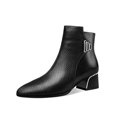 Imagem de TinaCus Botas femininas de couro legítimo feitas à mão com bico redondo e zíper lateral graciosas no tornozelo com salto baixo grosso, Preto, 9.5