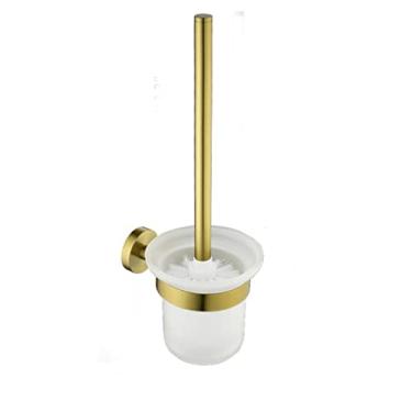 Imagem de Acessórios de banheiro de ouro escovado Suporte de escova de banheiro Suporte de papel Suporte de barra de toalha Gancho de roupão Anel de toalha de prato de sabão montado na parede, suporte de escova de banheiro