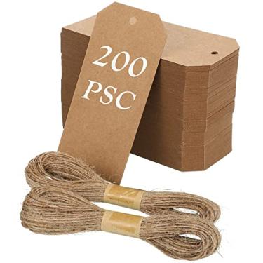 Imagem de 200 peças de etiquetas de presente com corda de papel kraft vintage etiquetas de pendurar de casamento etiquetas marrons com barbante natural de 131 pés para embrulho de presente Etiquetas de etiquetagem em branco para artes e artesanato Etiquetas de preço Natal, 12 x 6 cm