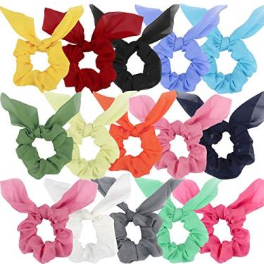 Imagem de Adesivos de arco para cabelo, 15 peças de chiffon Scrunchies de seda com laço, jovem de cor brilhante Scrunchies suporte de rabo de cavalo, laços de cabelo, cordas de coelho, orelha de coelho, laço de laço, acessórios de cabelo para meninas e adolescentes
