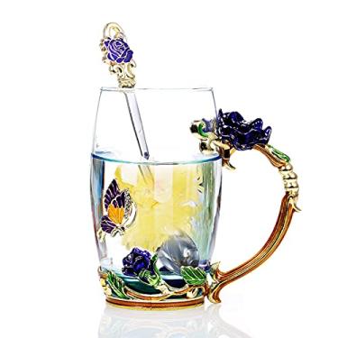 Imagem de Caneca de chá de flor esmaltada feita à mão copo de café de vidro caneca de bebida com pano de colher presentes personalizados para mulheres esposa mãe menina dia dos namorados (350 ml - tipo5)