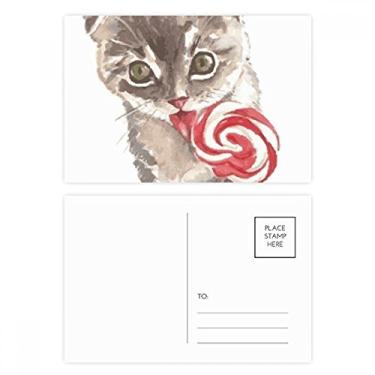 Imagem de Conjunto de cartão postal animal pirulito aquarela pequeno gato cartão postal envio de aniversário cartão de agradecimento