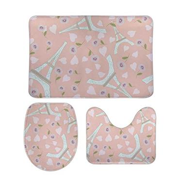 Imagem de Top Carpenter Conjunto de 3 peças antiderrapante romântico Paris sobre tapete macio rosa + tampa de vaso sanitário + tapete de banheiro para decoração de banheiro