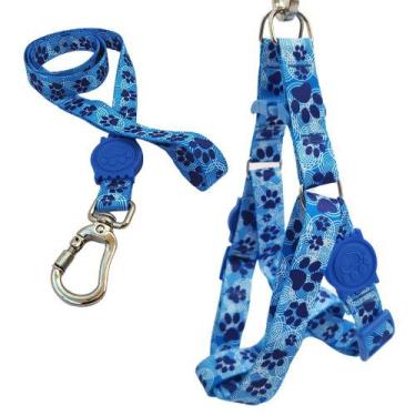 Imagem de Coleira Peitoral Americano Para Cachorro Com Guia Trava Azul - Única M