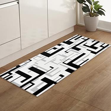 Imagem de Savannan Tapetes e tapetes de corredor, 5854 peças padrão geométrico moderno preto cinza branco não deslizante, tapete de cozinha absorvente, tapete de porta interno com suporte de pontos de borracha, tapete de pé 45 x 153 cm