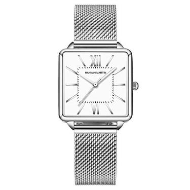 Imagem de HANNAH MARTIN Relógio de pulso feminino com pulseira de aço inoxidável e ouro rosa/prata, casual, impermeável, com mostrador quadrado, Prata, Relógio de quartzo