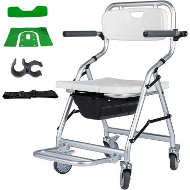 Imagem de Cadeiras de banho dobráveis ​​para idosos e deficientes com rodas, cadeira cômoda dobrável para quartos e banheiro - com penico, braços e pernas, cadeira de transferência externa para defici